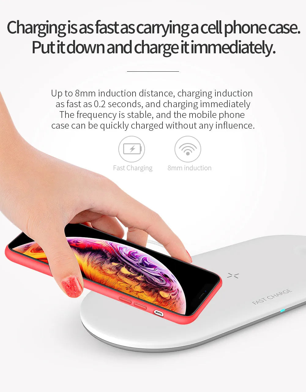 Black three-in-one wireless charging station for Apple iPhone iWatch and AirPods on a desk
