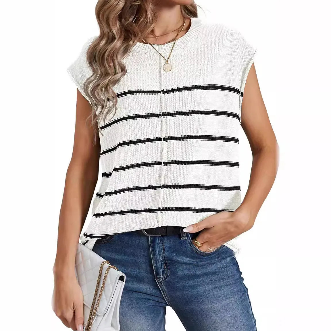 Women's striped sleeveless pullover vest in acrylic knit with bone stitching details.