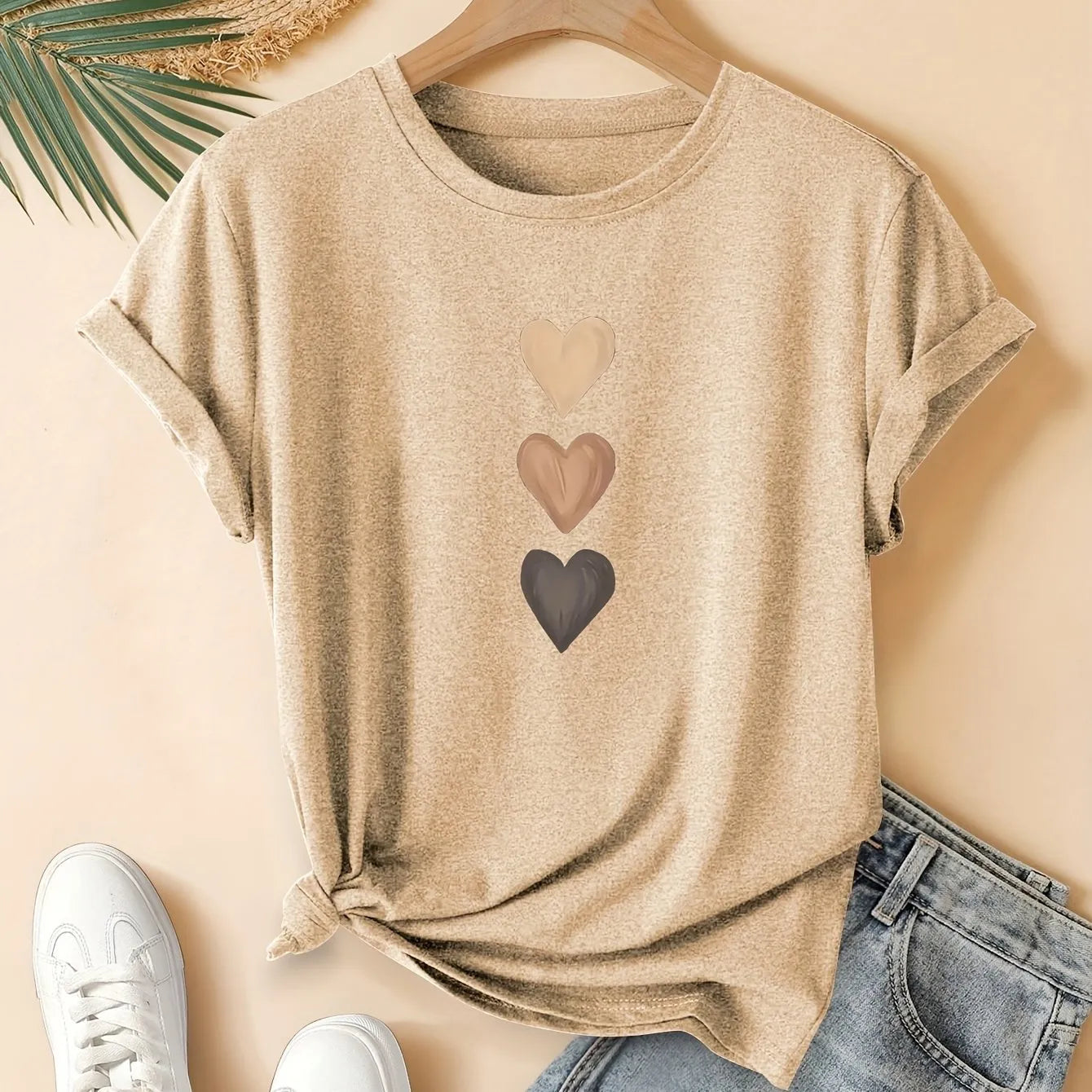 Women's three-heart printed pure cotton short sleeve T-shirt in art retro Chinese style