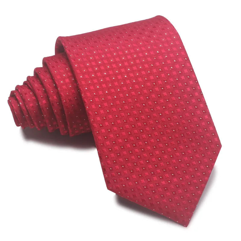 Man's red, black, and blue striped jacquard business tie with an 8cm width.
