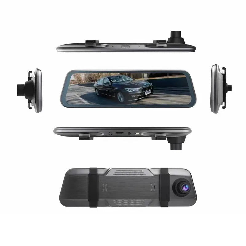Black 10-inch touch screen dash camera rearview mirror with wide-angle lens for vehicle recording