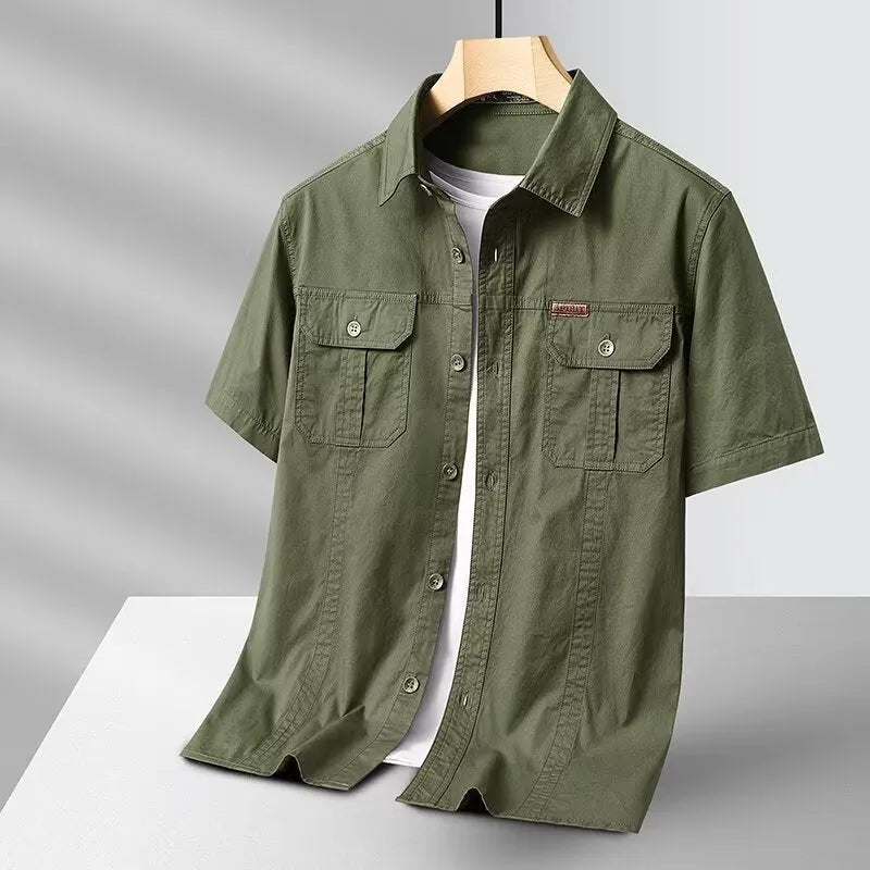 Solid colour short sleeve men's cotton blend work shirt in khaki, loose cardigan fit with non-iron finish