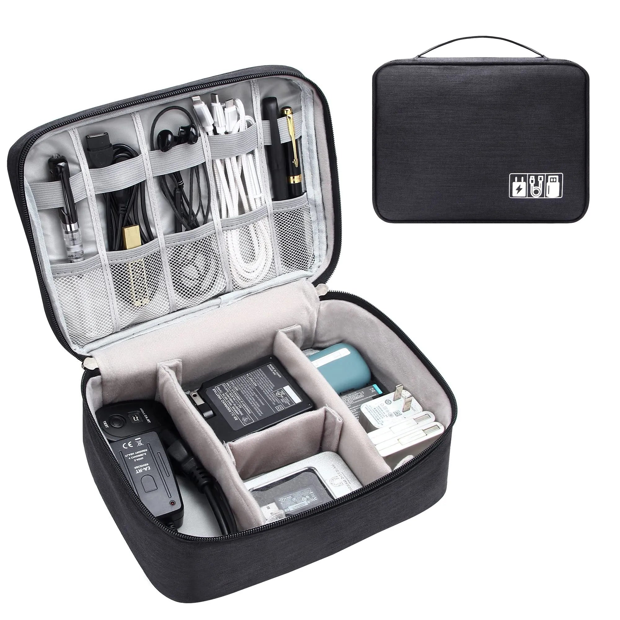 Black travel cable organiser bag open, showing mesh pockets, elastic loops, and removable padded dividers inside.