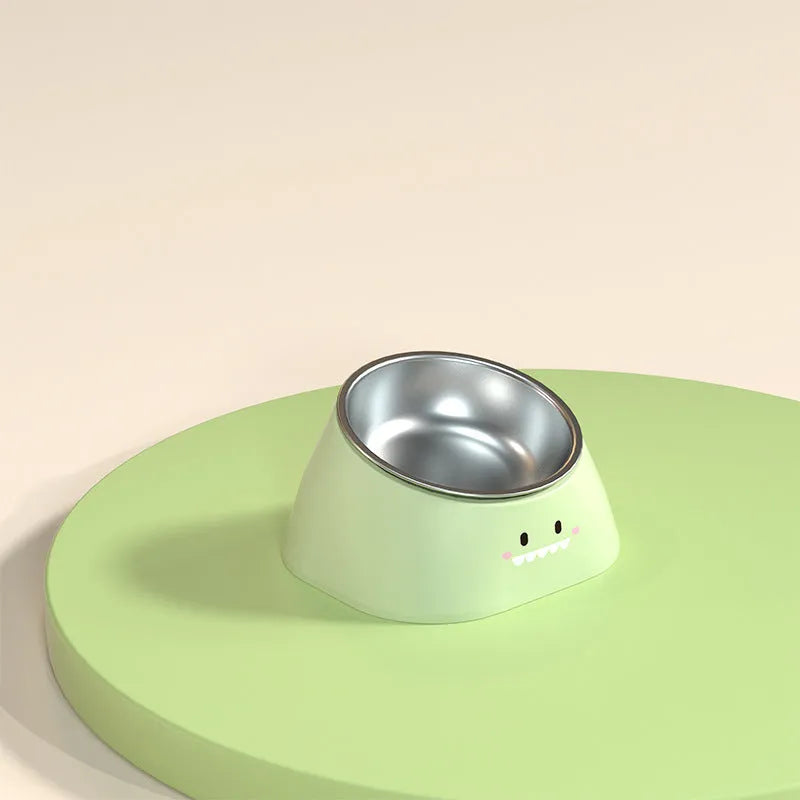 Green 15-degree tilted stainless steel cat bowl with fall-resistant base for cervical spine protection