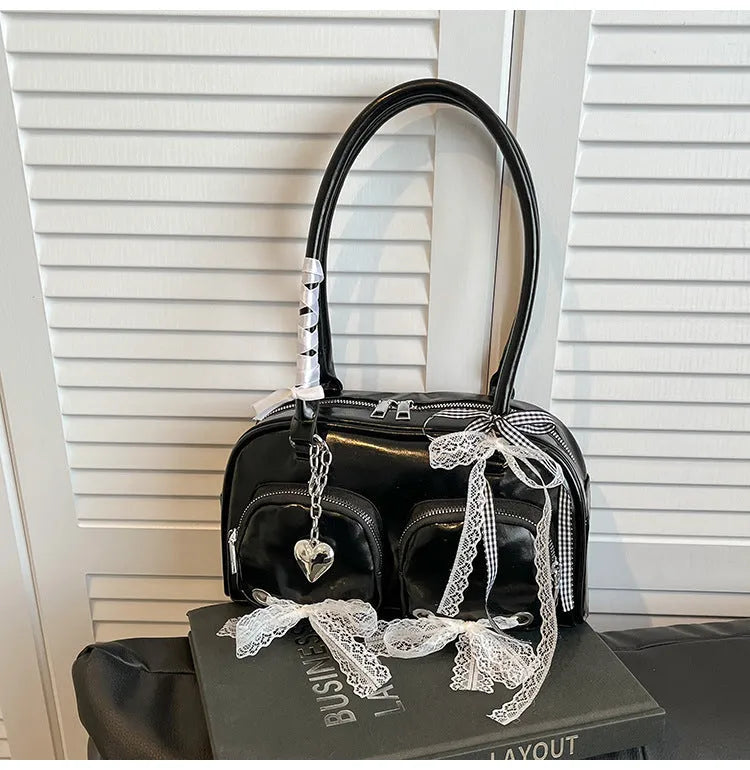 Beige soft PU casual shoulder bag with double straps and horizontal square shape showing mobile phone compartment