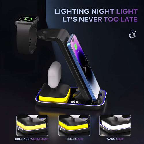 Black and white vertical wireless charging stand for mobile phones, watches, and headsets with 15W fast charging