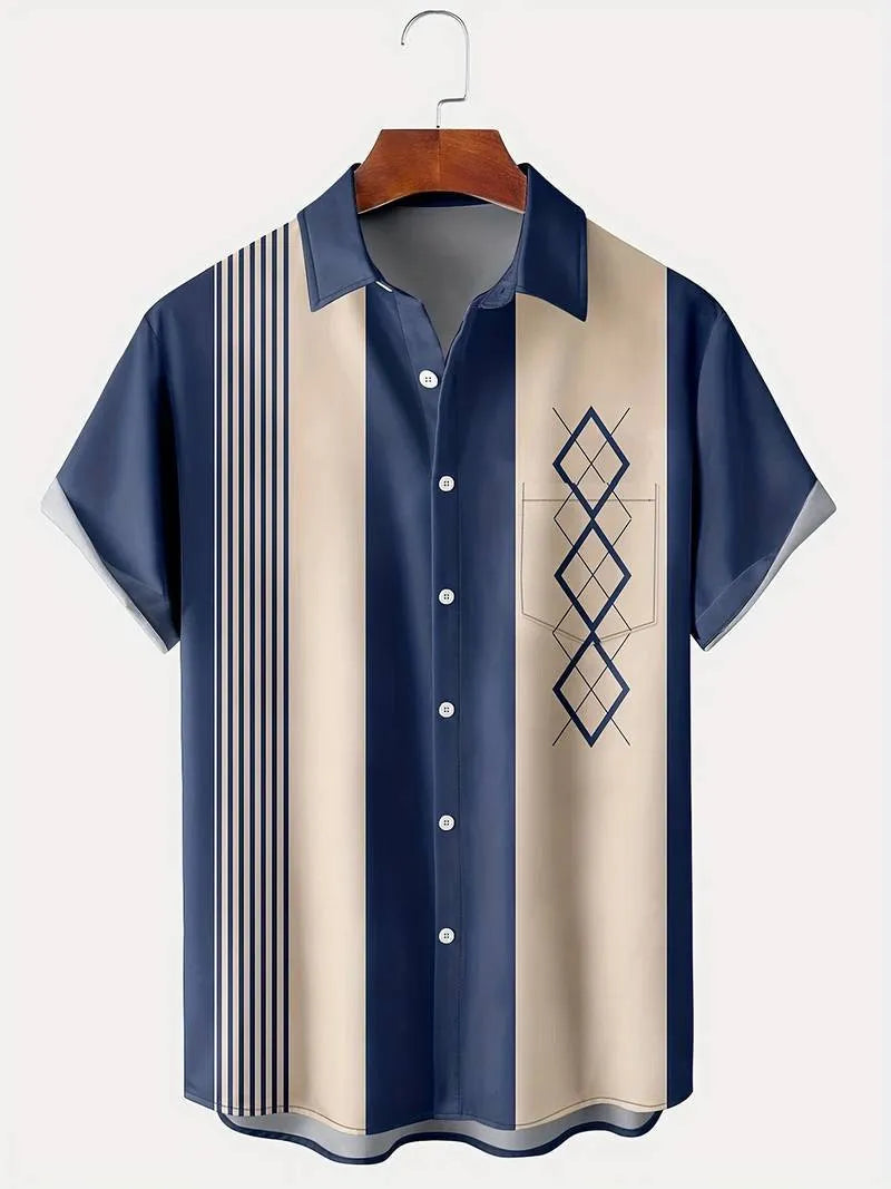 Man wearing a loose fit plaid short sleeve shirt with a lapel collar in a cardigan style.
