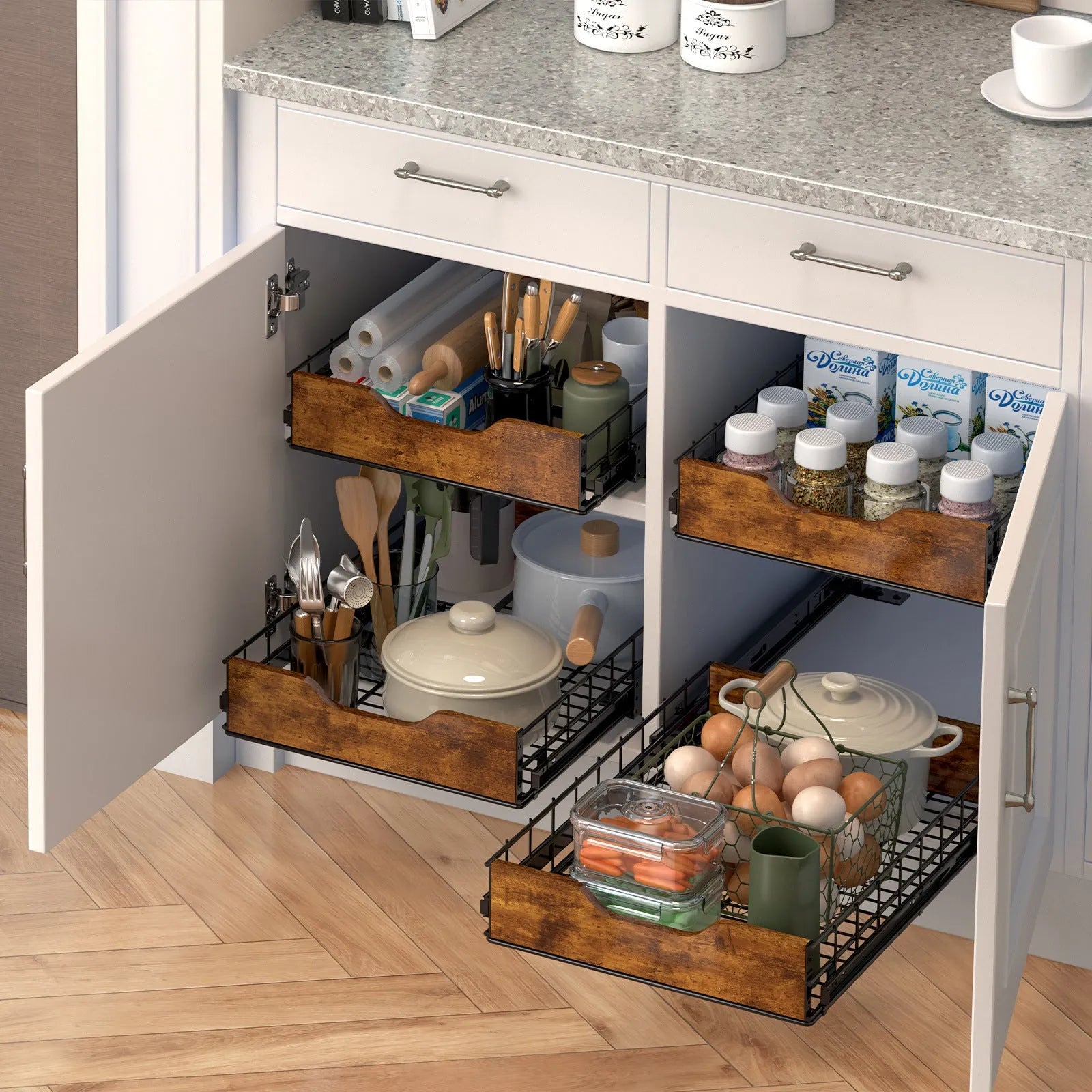 Black pull-out storage basket made of wood and iron with scalable design for kitchen organisation