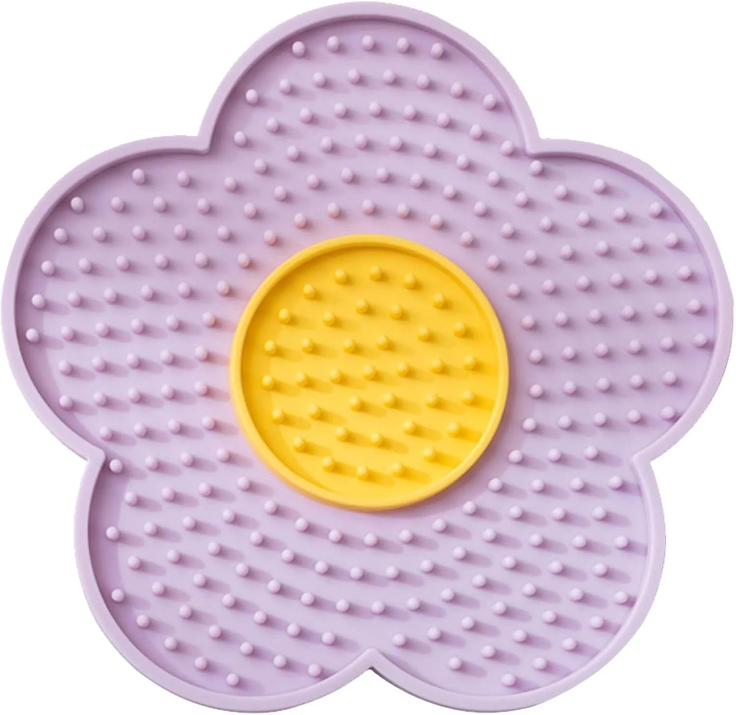 A blue flower-shaped silicone lick mat for pets with four white suction cups on the underside.