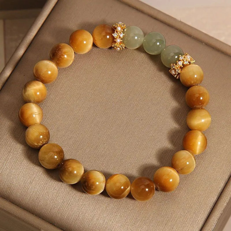 Natural yellow Tiger's Eye and Hetian jade U-shaped bracelet with auspicious patterns