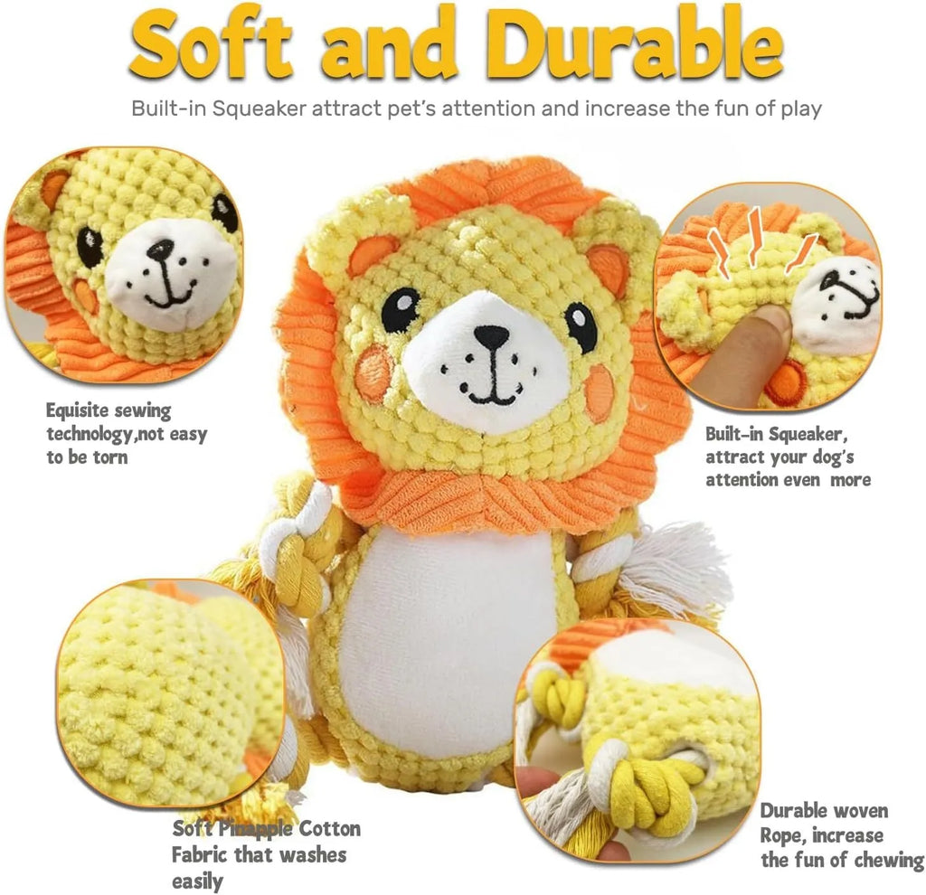 Plush squeaky dog toys assortment with lion and monkey designs for medium large dogs