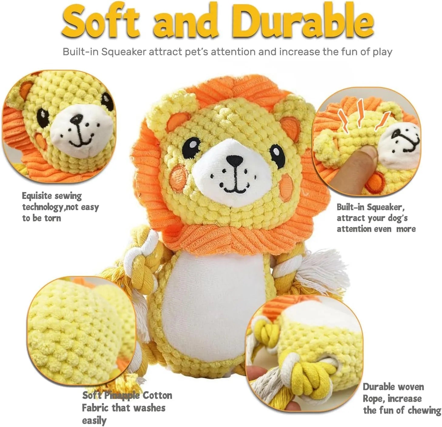 Plush squeaky dog toys assortment with lion and monkey designs for medium large dogs