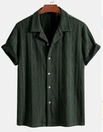Men's loose casual cardigan in black, green, or white solid colours with short sleeves