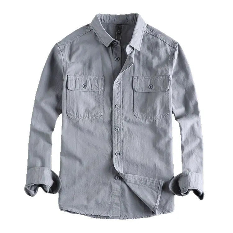 Men's light grey loose fit cardigan-style shirt with an overalls design and long sleeves.