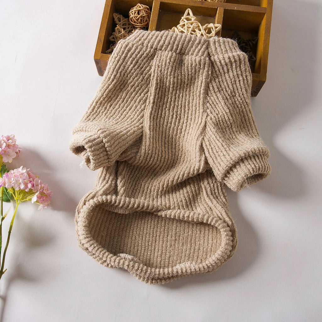 Brown cloth pullover sweater for small breed dog on model showing size fit