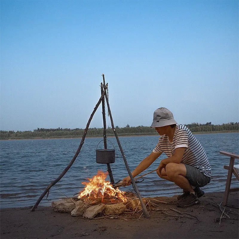 Silver stainless steel triangle hanging pot support with 118cm chain for camping outdoor cooking
