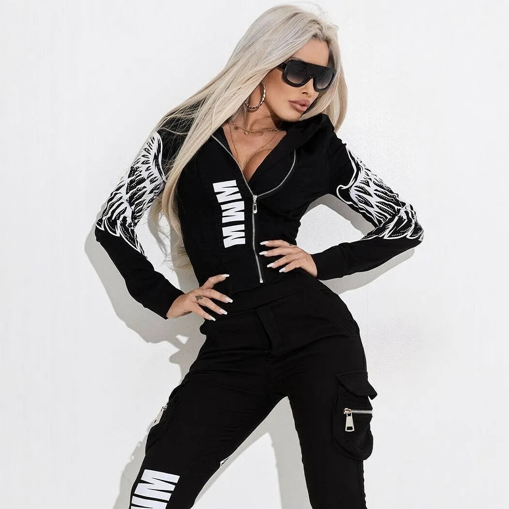 Black women's casual suit set with wings print hooded jacket and matching trousers