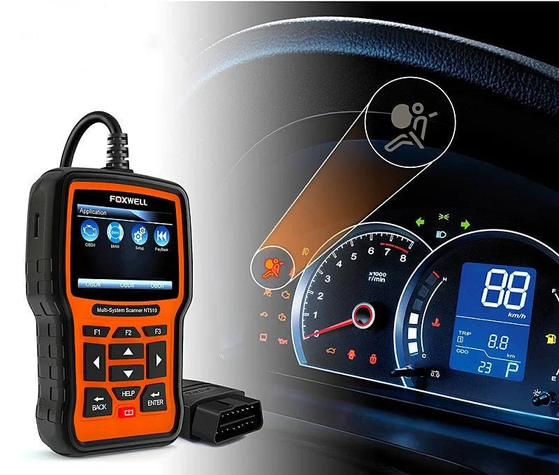 Foxwell NT510 orange and black automotive diagnostic tool with large colour screen and data cable