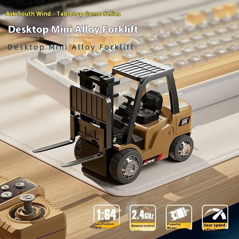 1:64 scale grey alloy remote control forklift toy with cargo hook and pallet accessories on a table