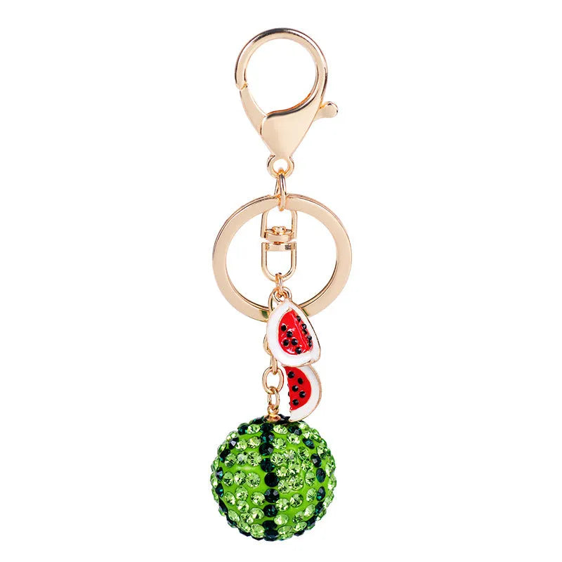 Green watermelon fruit keychain made from zinc alloy measuring 12cm in length