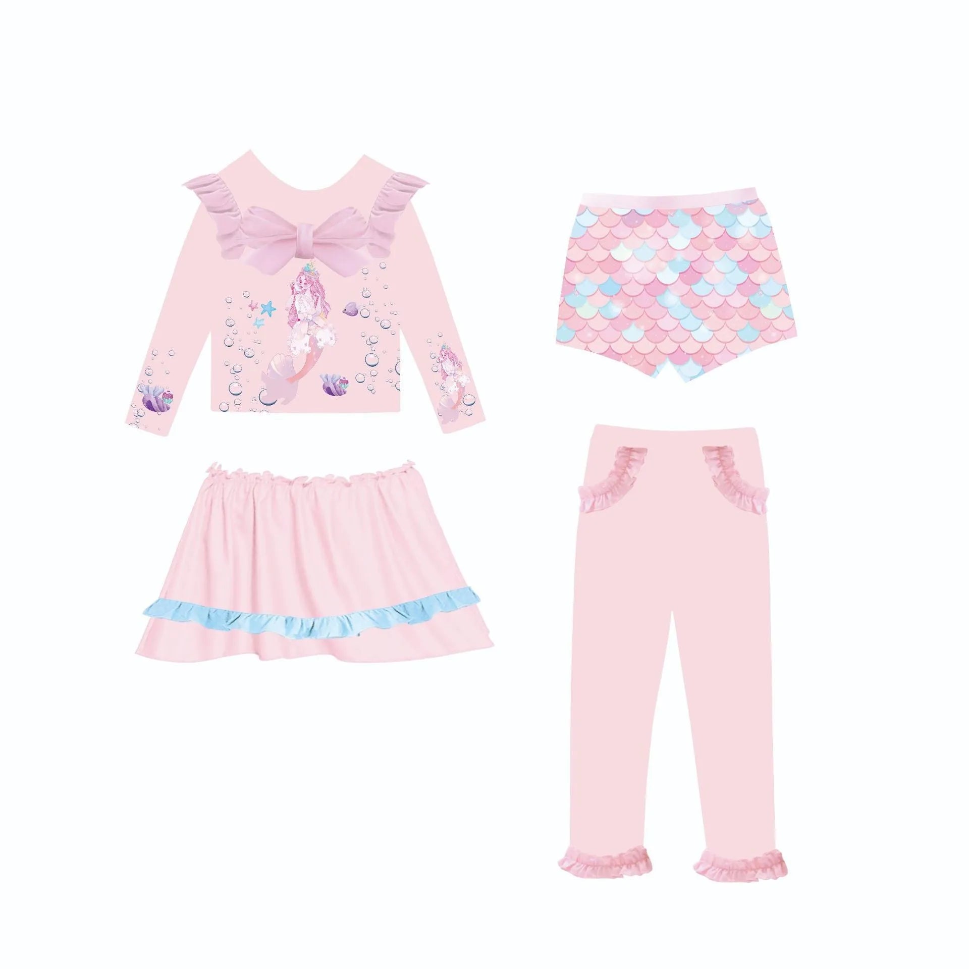 Girl's gilded mermaid swimsuit set in polyester with top, skirt, trousers, and shorts