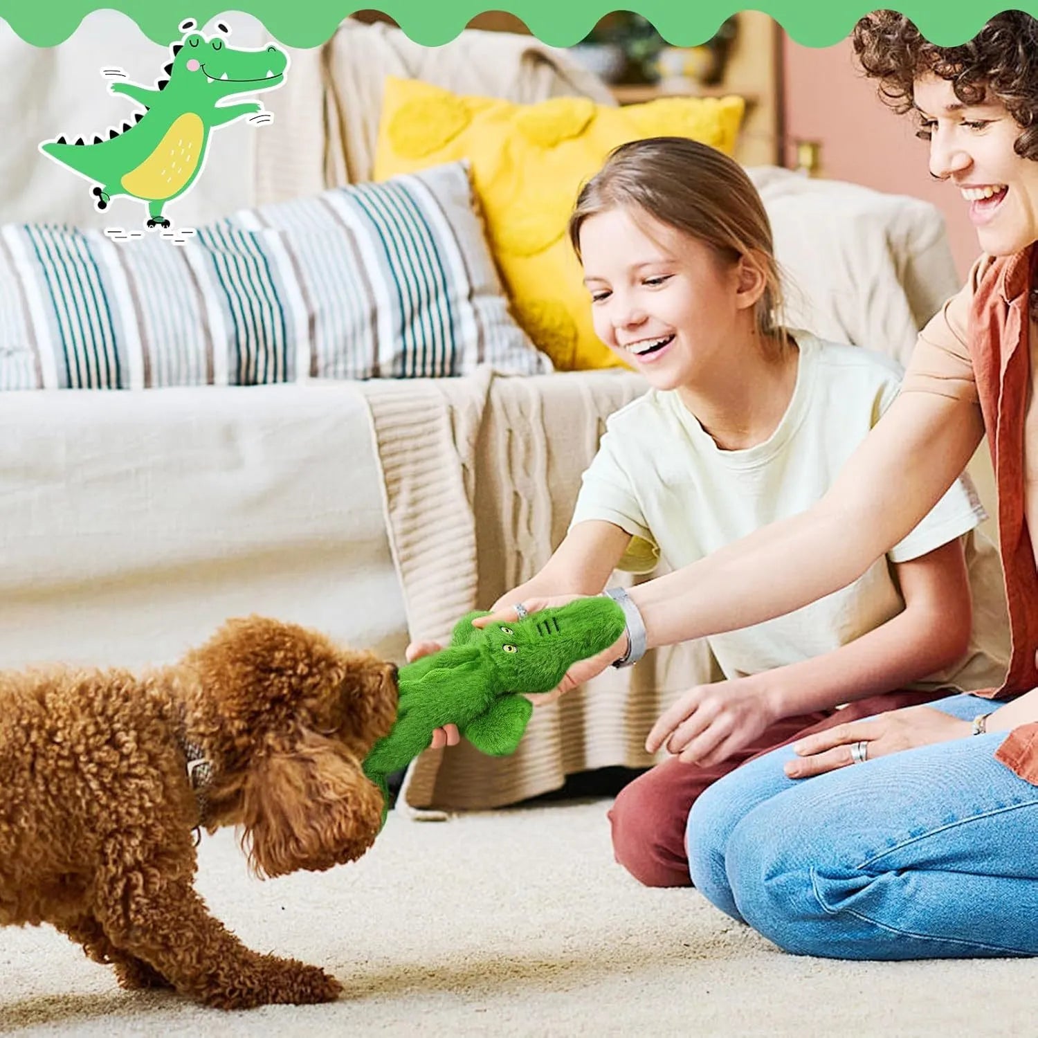 Green crocodile plush dog toy with stuffing-free design for aggressive chewers measuring 20cm