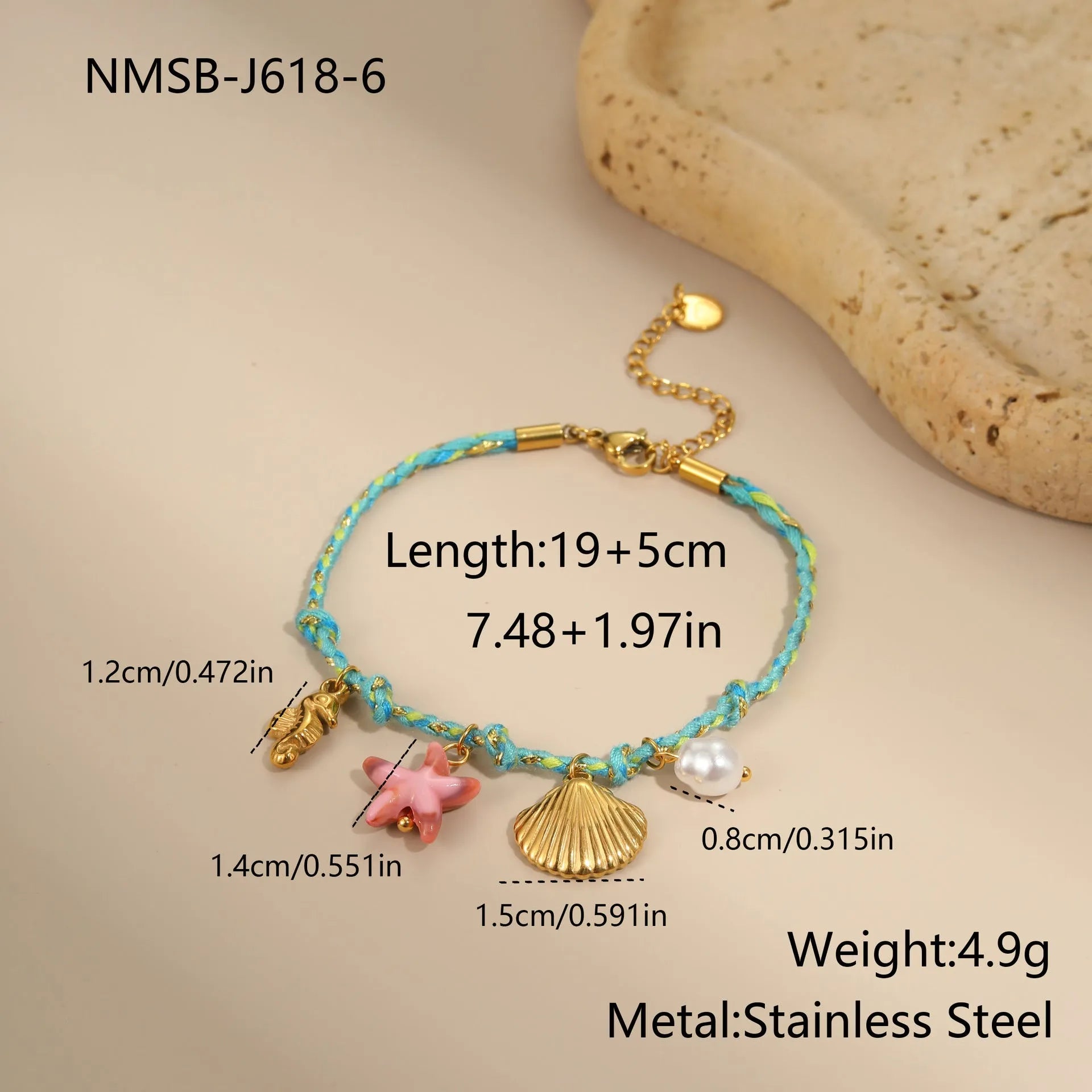 Handmade braided rope titanium steel necklace and bracelet set with 18K gold electroplated heart, star, and geometric pendants.