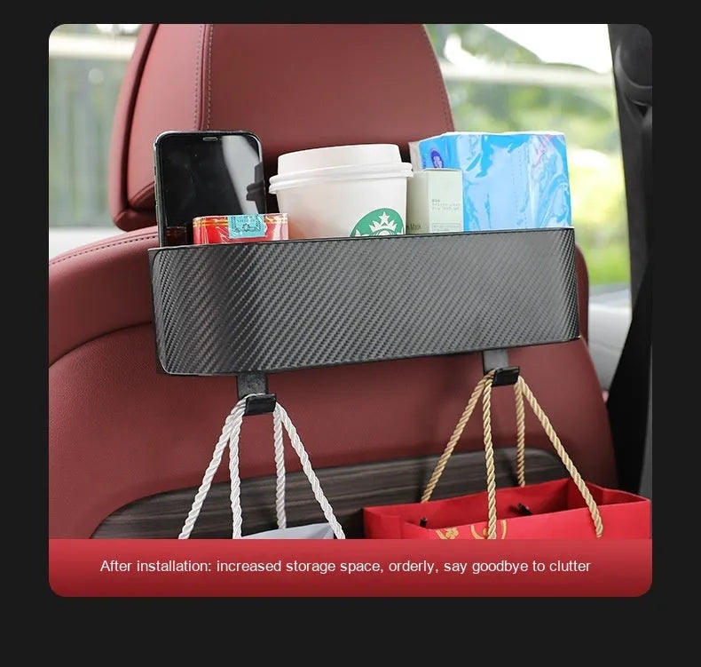 Car seat back hook storage box in black, made from ABS carbon fibre pattern material, for hanging organisation