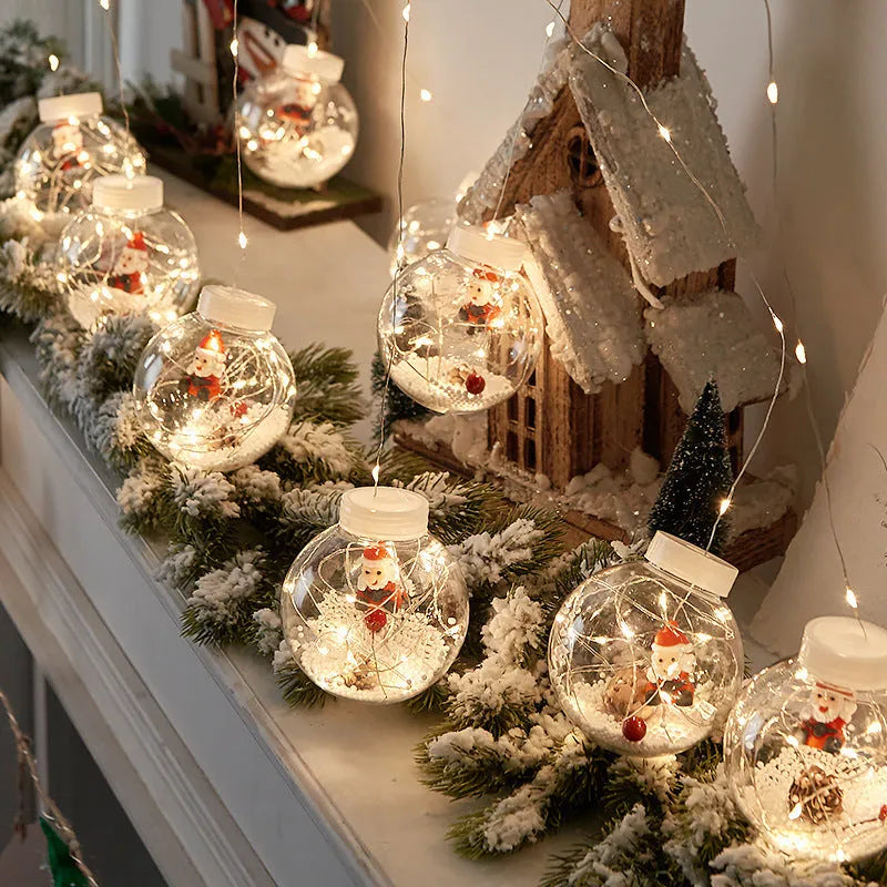 LED Christmas curtain light string with 10 wishing ball lamps showing snowman, Christmas tree and elder designs