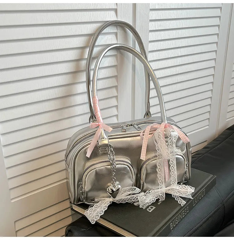 Beige soft PU casual shoulder bag with double straps and horizontal square shape showing mobile phone compartment