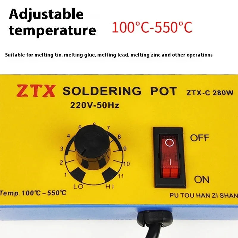 Desktop adjustable tin melting furnace with titanium-plated crucible and temperature dial.