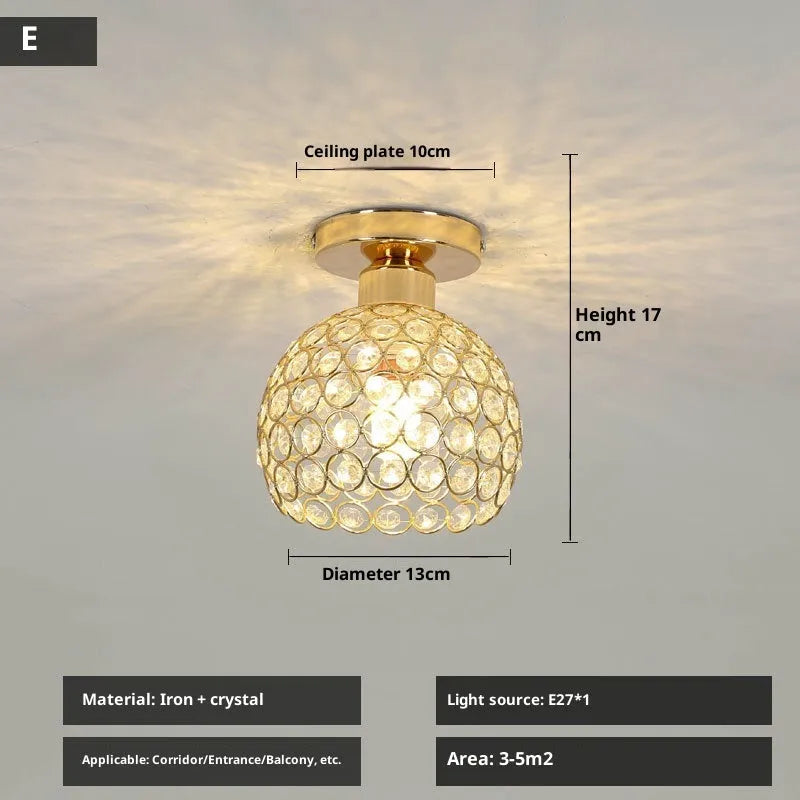 Modern minimalist balcony ceiling lamp with LED three-colour light and gold crystal finish on white ceiling