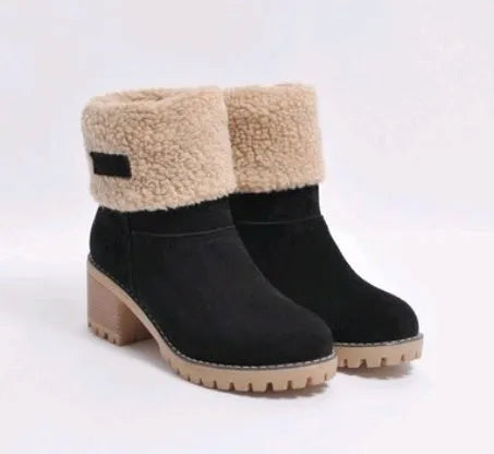 Women's mid-tube suede snow boot in black with a thick heel and round toe.