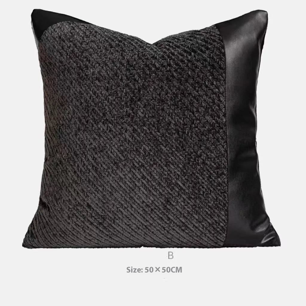 Modern minimalist plaid bed runner set with blanket, pillowcase, and round leather pillow on a bed