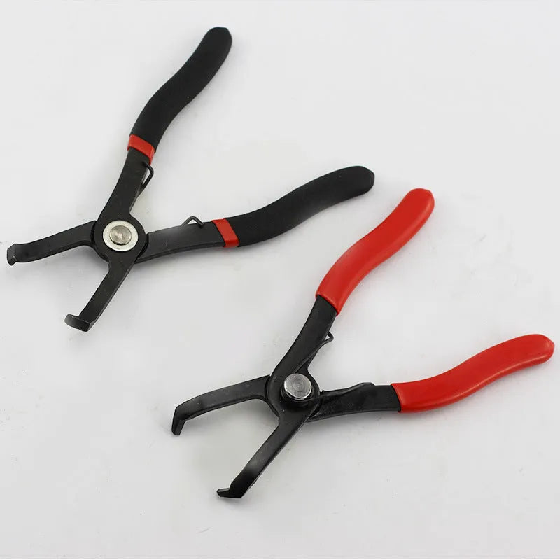 Red round nail removal pliers with PVC handles, jaws open, for door panel and wire buckle extraction.