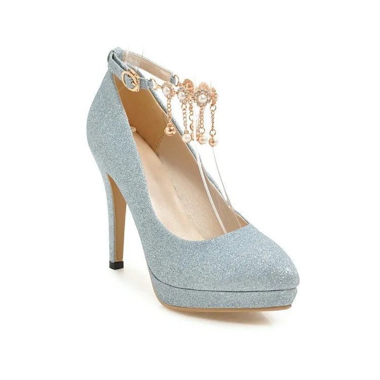 Women's platform high heels with stiletto heels in blue, pink, gold, or silver colours