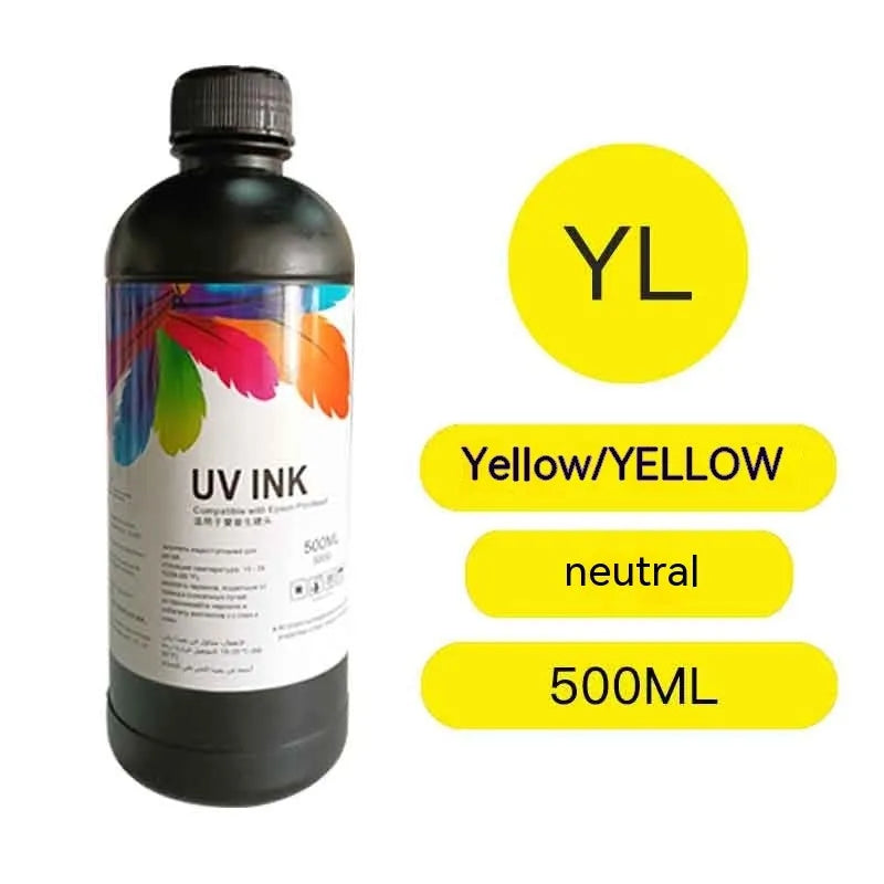 500ml bottle of Epson UV printer ink for XP600 TX800 F186000 F189000 models, showing colour options.