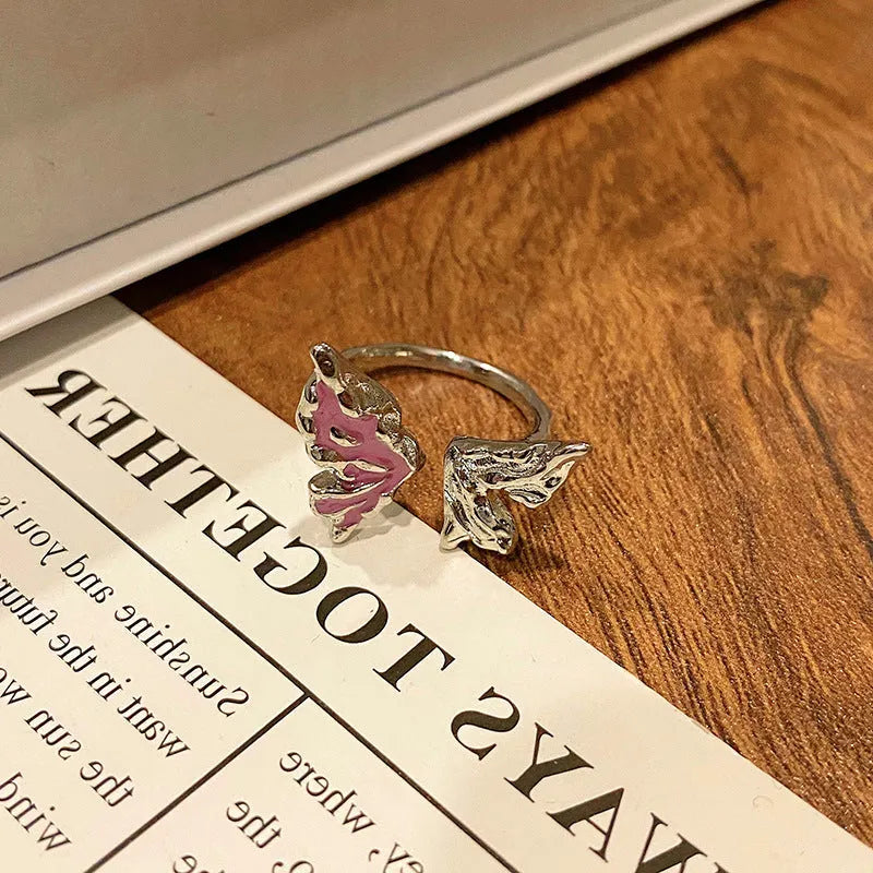 Chinese butterfly design women's ring in polished copper with oil drip texture