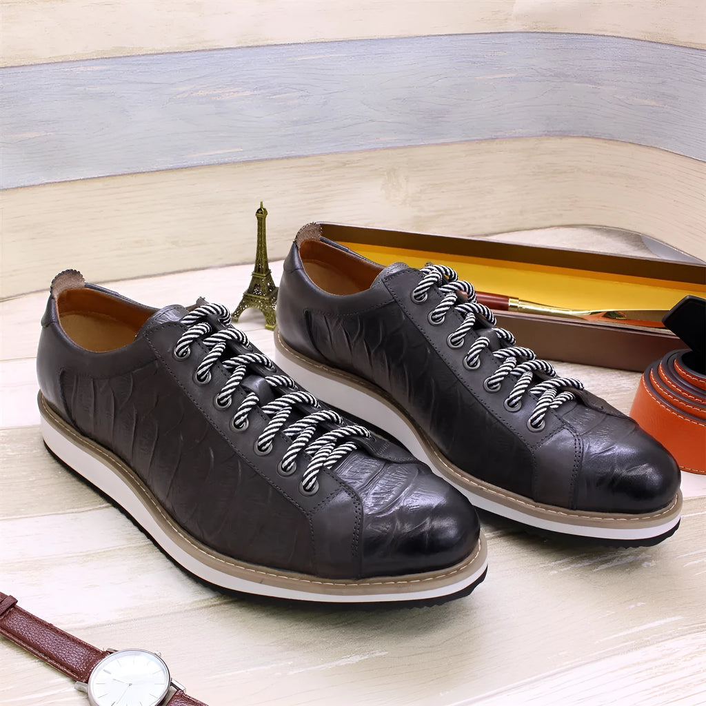 Men's fashion embossed handmade shoes in black showing front tie closure and textured upper pattern