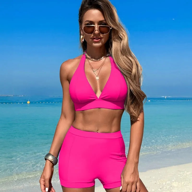 Women's black split bikini swimsuit made of nylon with polyester lining.