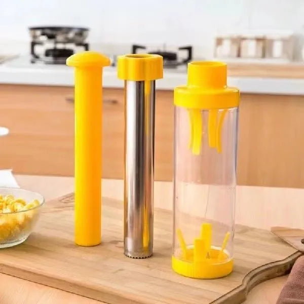 Yellow cylindrical corn stripper kitchen tool made of ABS plastic and stainless steel.