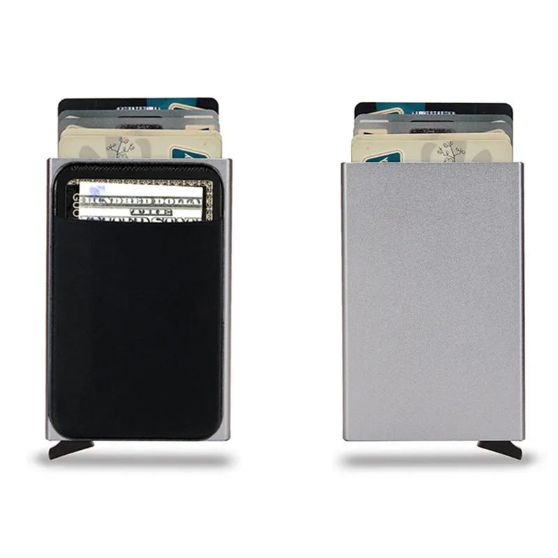Frosted aluminium metal credit card holder in multiple solid colours showing slim profile