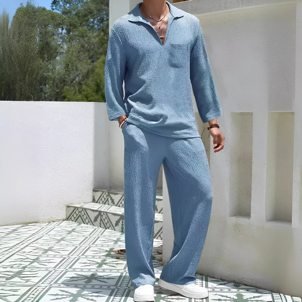 Men's casual polyester commuter suit with shirt and trousers in lake blue, khaki, black, or caramel colours