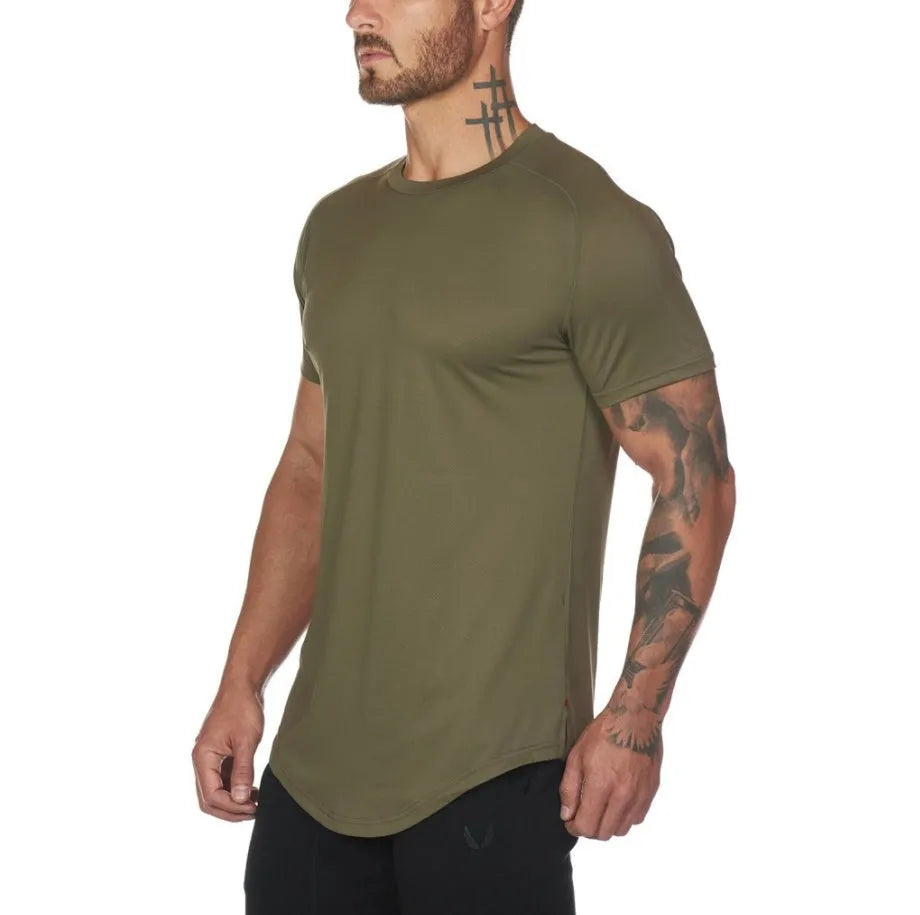 Men's plain gym shirt in cotton spandex blend shown in army green, black, and white colour options.