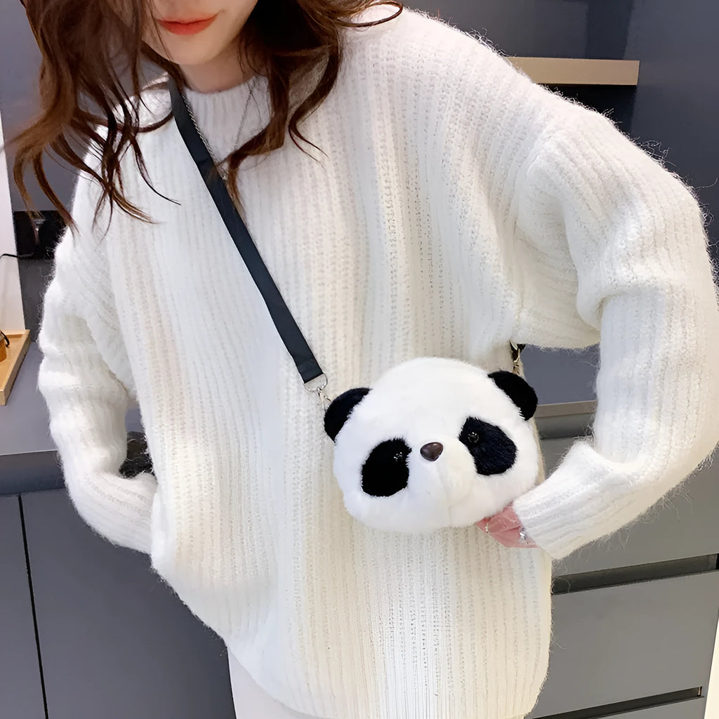 Panda Head print plush crossbody bag with cylindrical shape and sandwich pockets