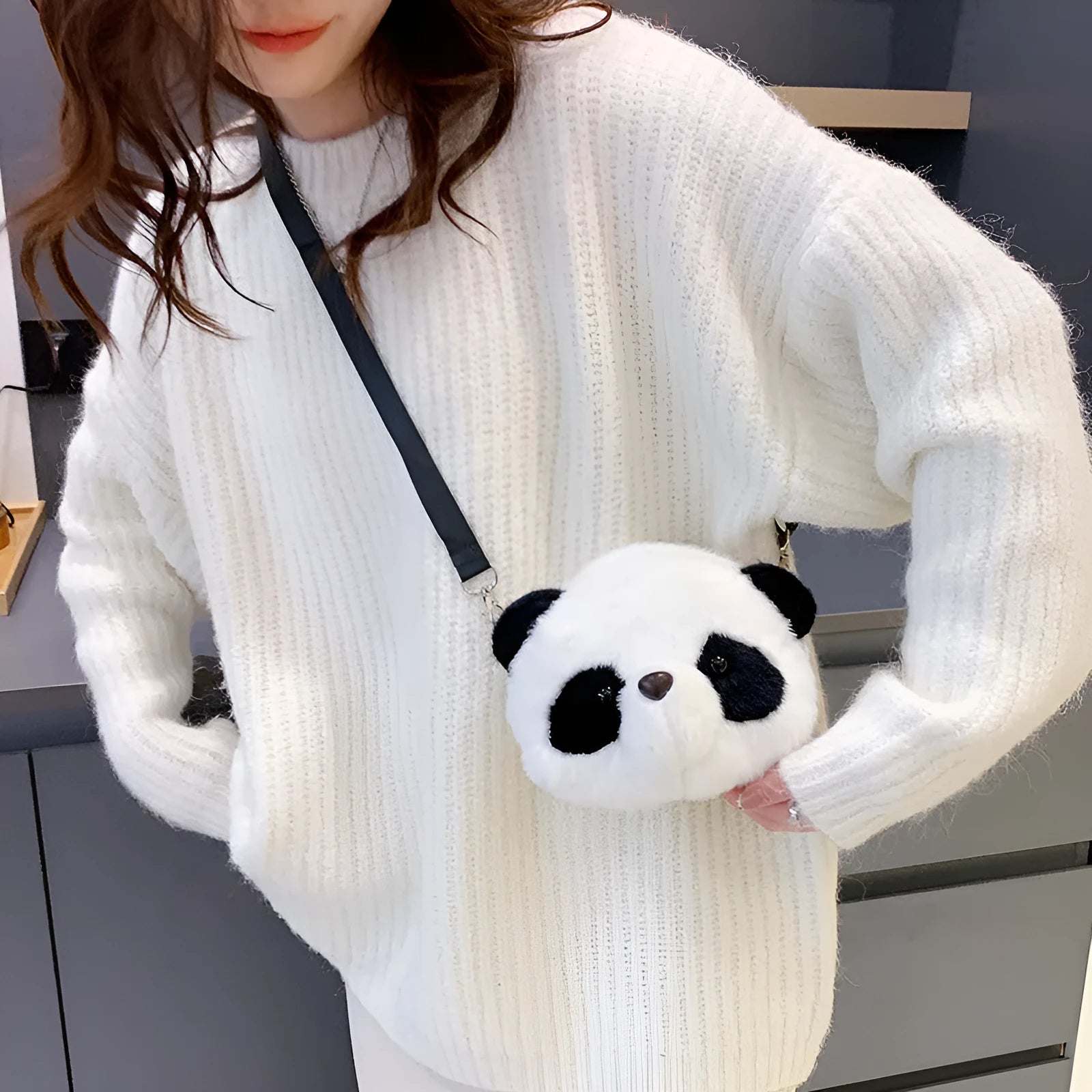 Panda Head print plush crossbody bag with cylindrical shape and sandwich pockets