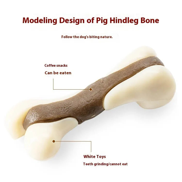 Durable dog bone grinding chew toy made from brown cowhide and nylon in small and large sizes.