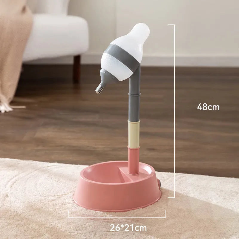 Green adjustable height pet water dispenser with separate bowl and stable base on kitchen floor