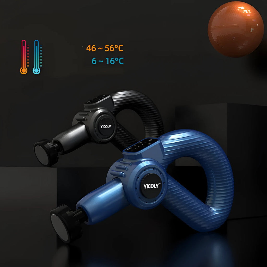 Black smart muscle massage gun with adjustable head, five attached massage heads, and carry bag.