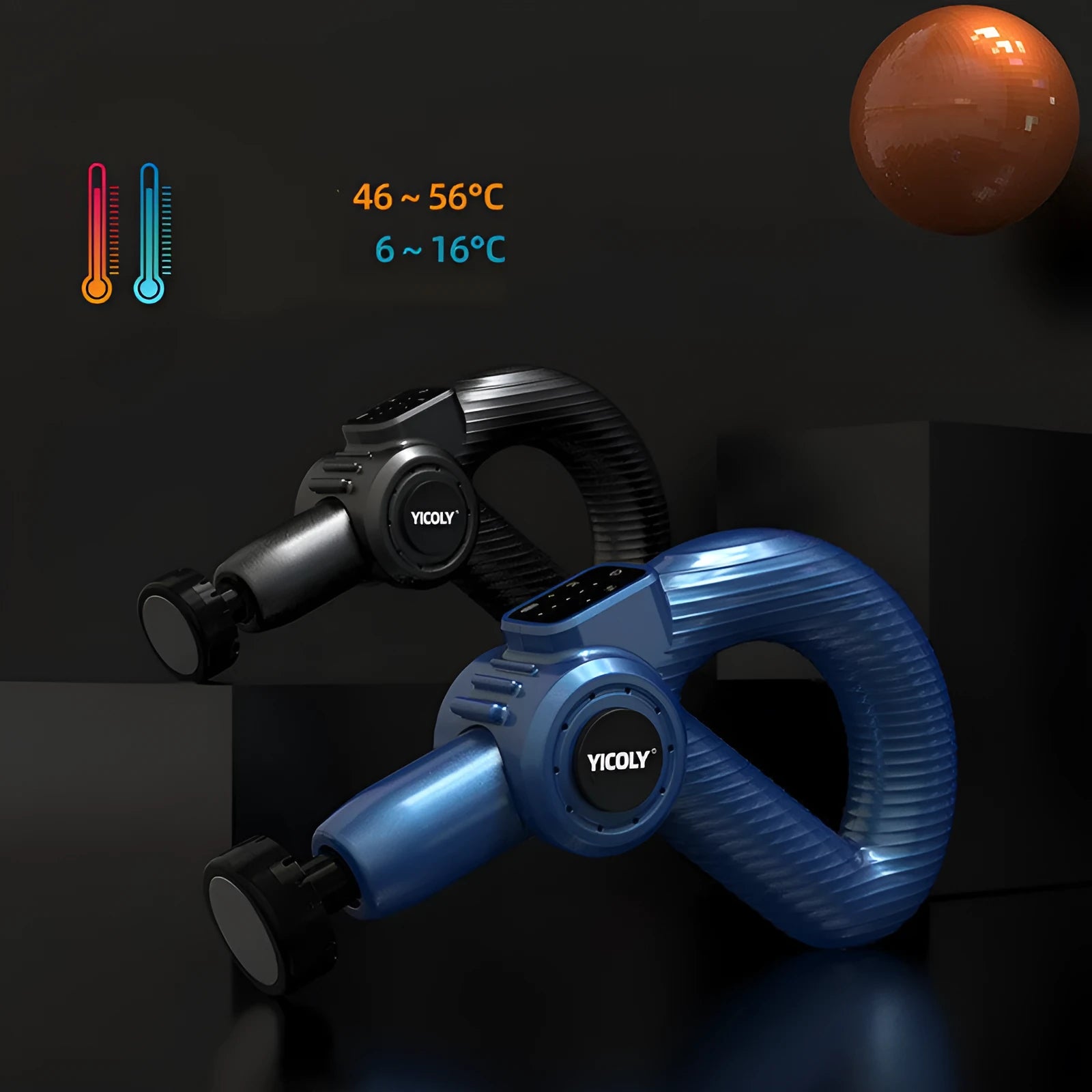 Black smart muscle massage gun with adjustable head, five attached massage heads, and carry bag.